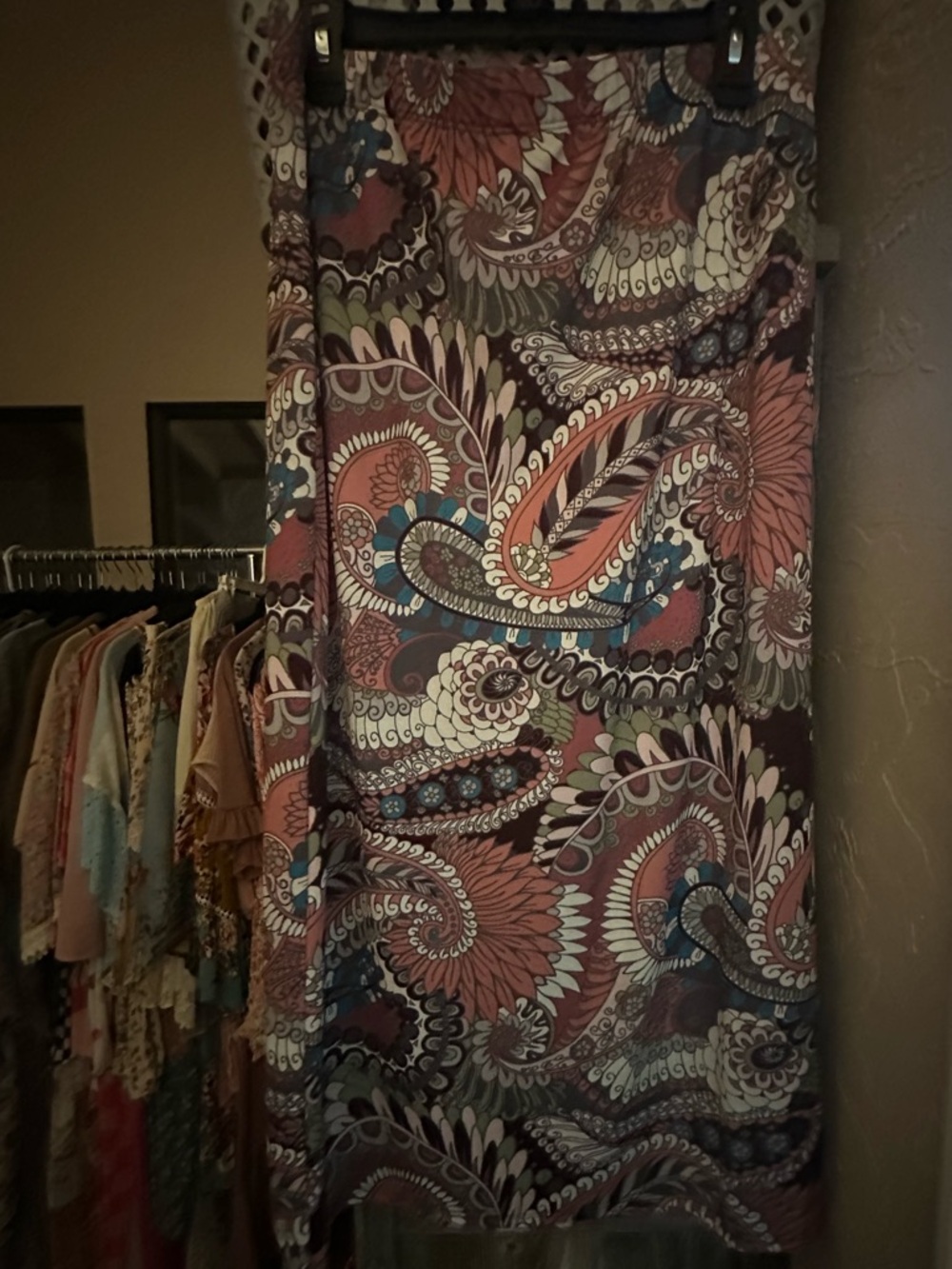 Paisley Maxi Skirt in coral, teal, brown and cream